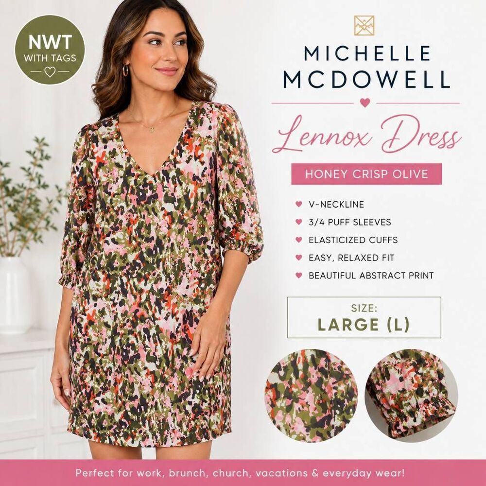 Michelle McDowell Lennox Dress Women’s Large Olive Pink Print NWT V-Neck